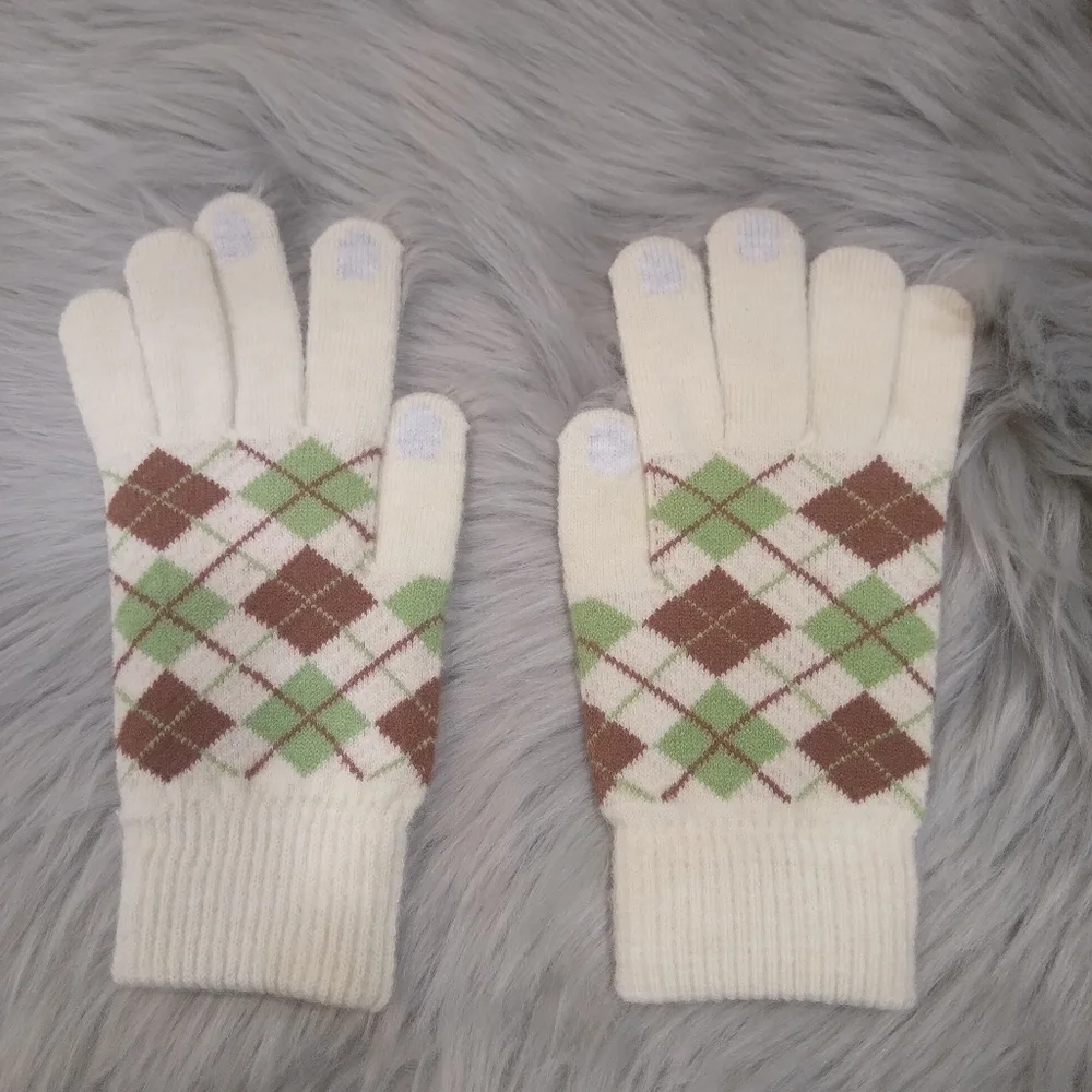 Argyle Style Acrylic Gloves In Beige